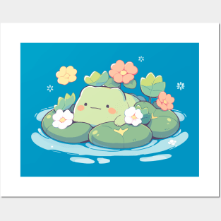 Water Lily Kawaii Baby Frog Posters and Art